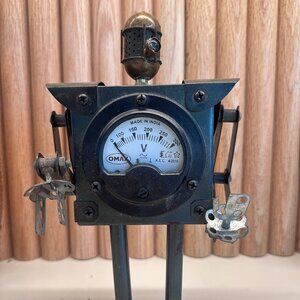 Adorable Steampunk Voltmeter Robot – Industrial Metal Modern Art Decor